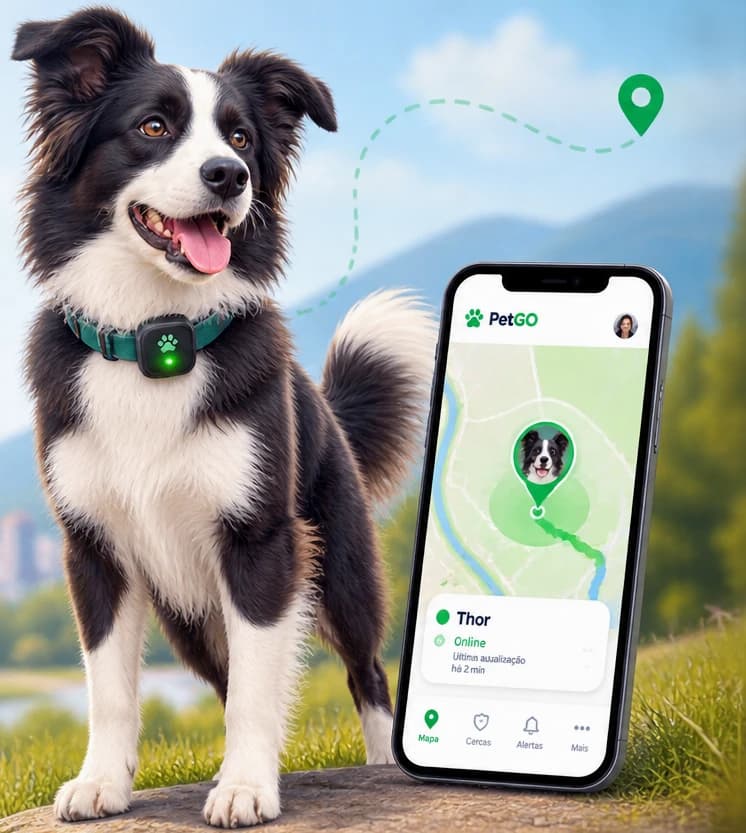 Border Collie usando coleira com o rastreador PetGO, ao lado de um celular mostrando sua localização no app